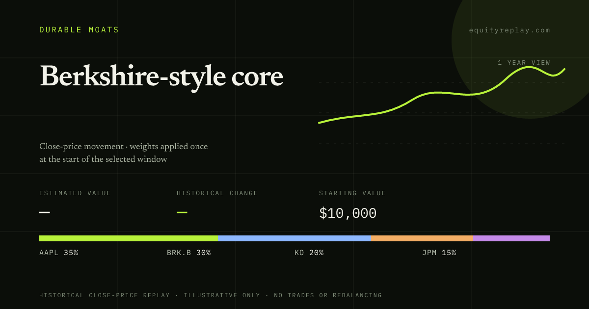Berkshire-style core 1 year historical portfolio replay card